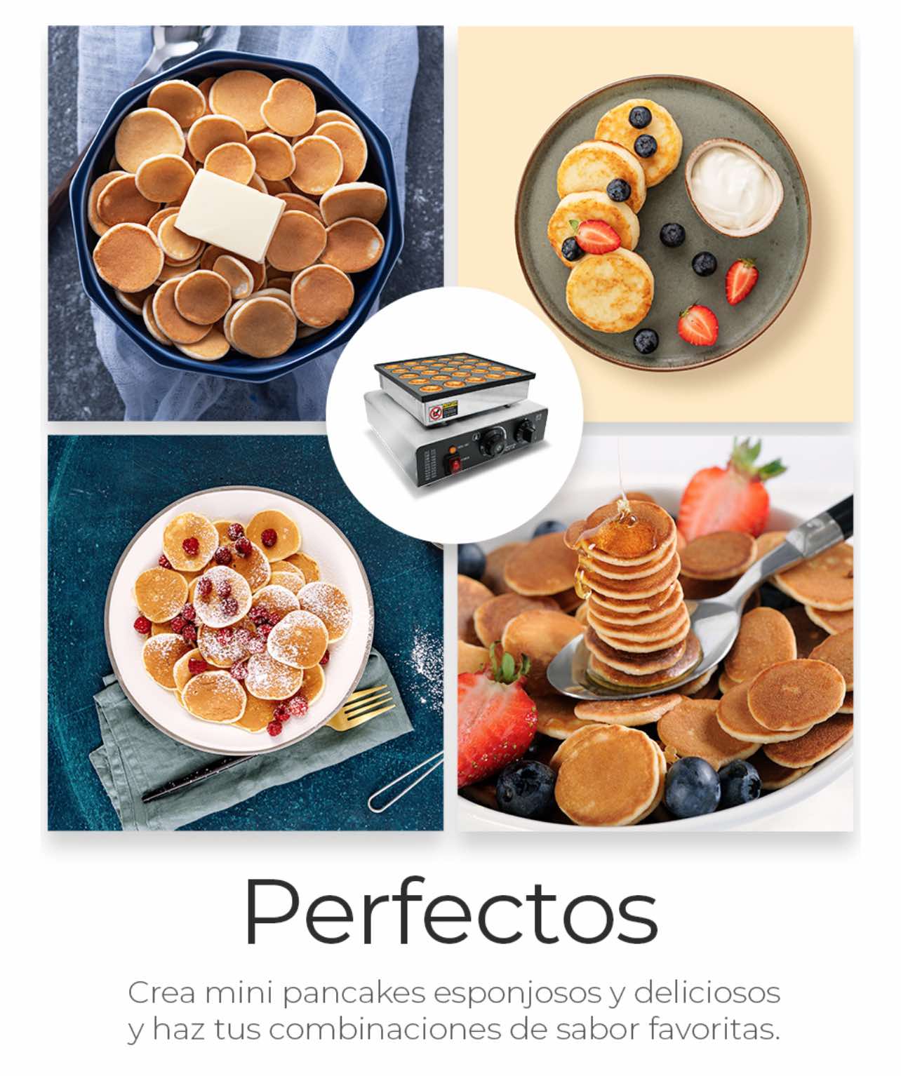 Mini panqueques servidos de diferentes formas: con frutas, miel, crema