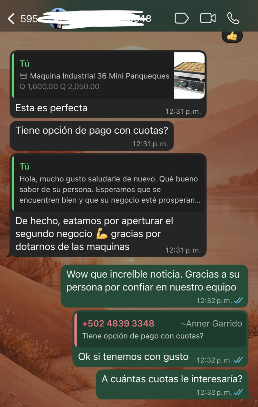 Conversación de WhatsApp con cliente abriendo su segundo negocio con máquina MiniMakers