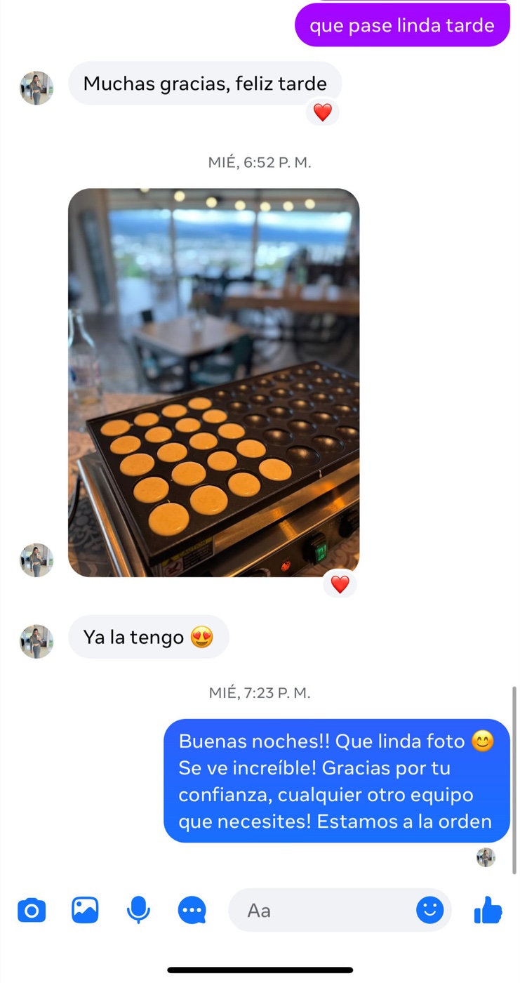 Mensaje Messenger 'Ya la tengo' con foto de máquina cocinando