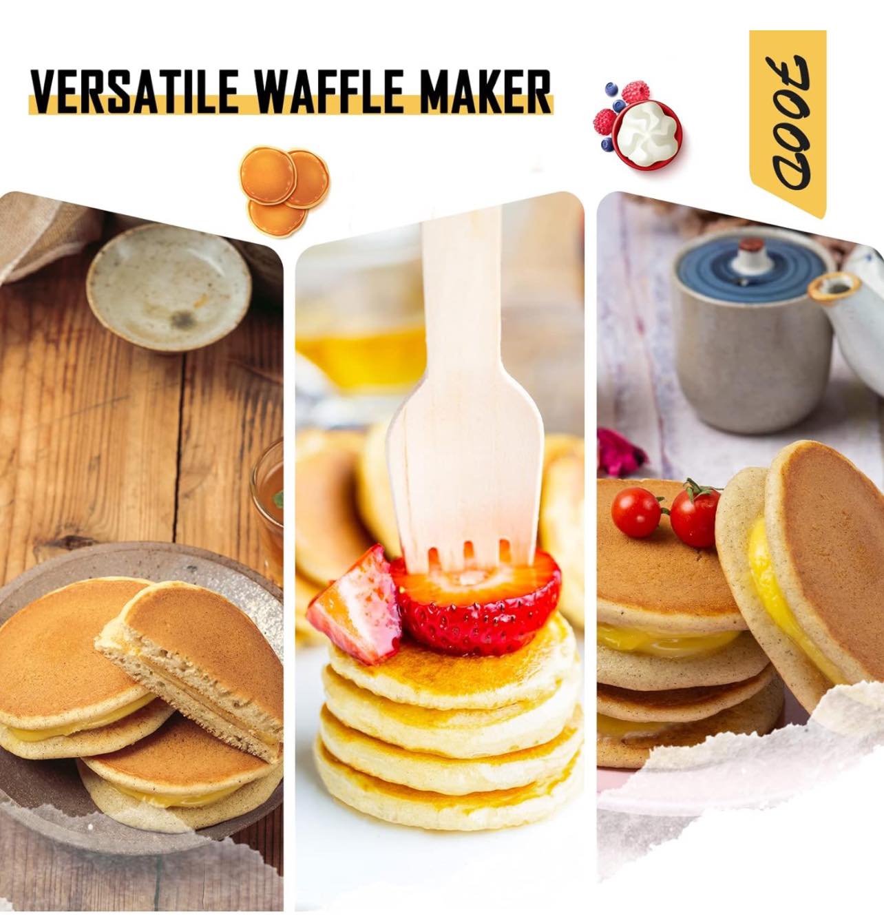 Diferentes estilos de presentación de mini panqueques con toppings variados